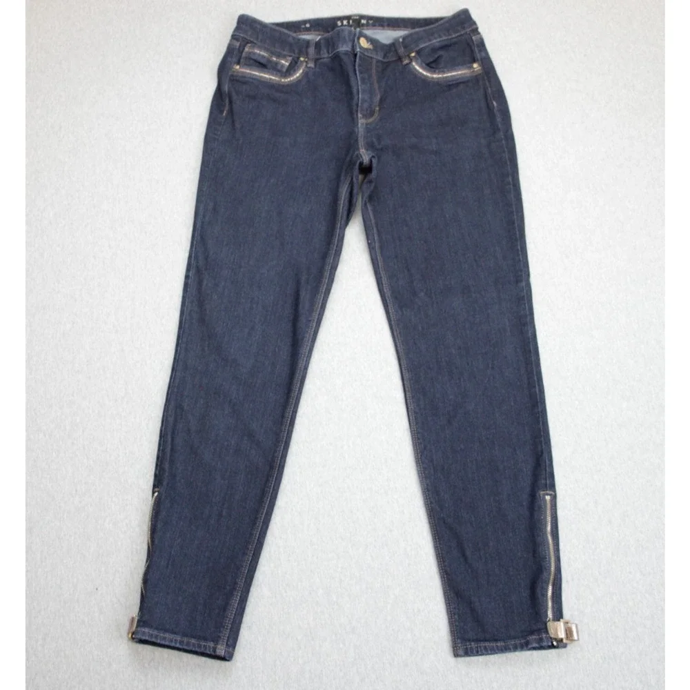 White House Black Market Jeans Womens 6 Blue Skinny Ankle Stretch Buckle Zip Hem